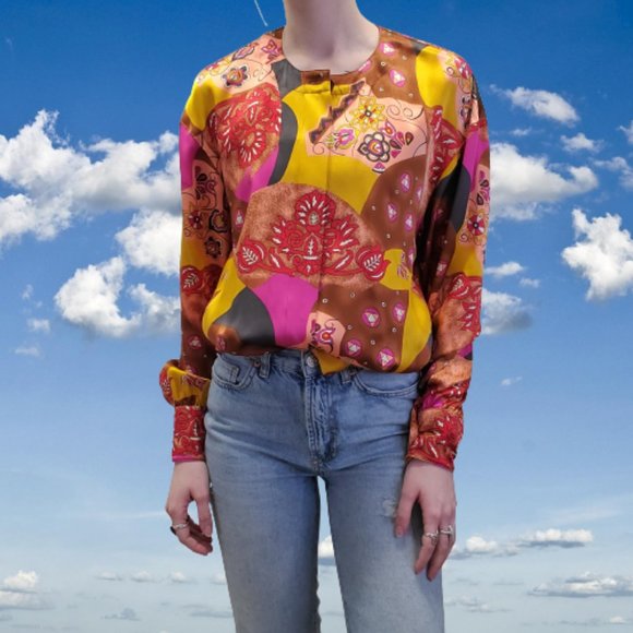 Escada Tops - Vtg ESCADA 100% Silk Colorful Collarless Blouse Made in Italy Womens EU 34 / XS